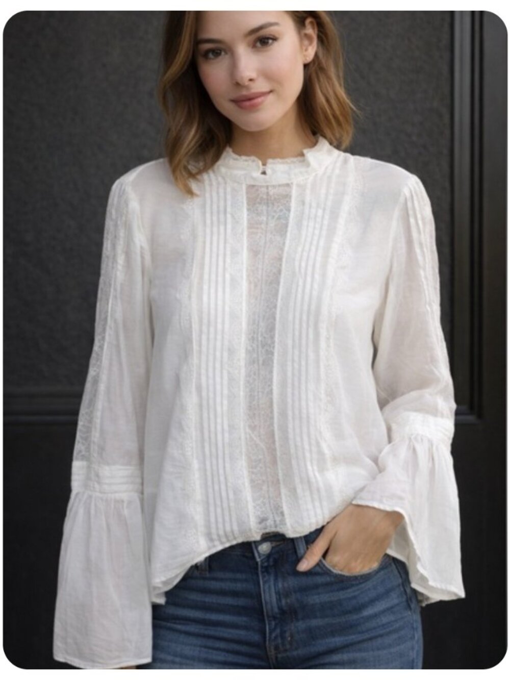 White House Black Market Long Bell Sleeve Lace Blouse sz 4 - Picture 3 of 12